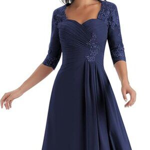 Navy Blue Chiffon Lace Beaded Hi/Low Formal Dress,